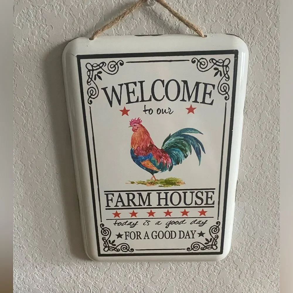 Welcome to Our Farmhouse Distressed Metal White Sign Rope Hanger Wall Decor 12x8